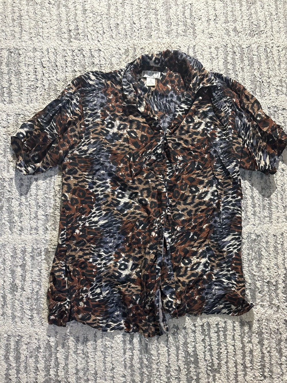 Bogari studio 100% silk brown cheetah button down top blouse size L